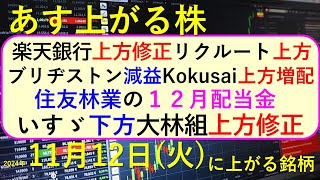 あす上がる株 2024年１１月１２日（火）に上がる銘柄。楽天銀行、リクルート、ブリヂストン、いすゞ、大林組の決算と株価推移。住友林業の配当～最新の日本株情報。高配当株の株価やデイトレ情報～ [upl. by Daphna]