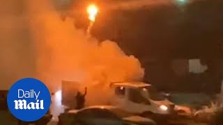 Moment truck packed full of fireworks explodes and catches fire [upl. by Filipe410]