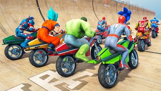 Spiderman Hulk IronMan Team Racing  All Superheroes Challenge Flying Motorbike Competition 200 [upl. by Casimir]