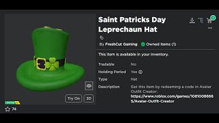 Claiming the Saint Patricks Day Leprechaun Hat UGC Limited  Roblox [upl. by Martita]