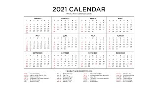 Free Printable Year 2021 Calendar with Holidays  Wiki Calendar [upl. by Aicemak]