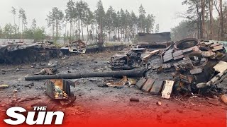 Russian tanks destroyed in recaptured Bucha Ukraine [upl. by Gnilrets]