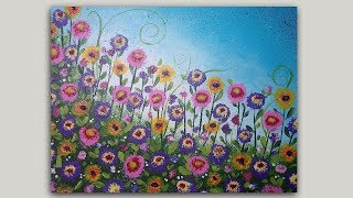 Acrylic Painting Whimsical Flower Garden on Sponge Painted Background [upl. by Elrahc]