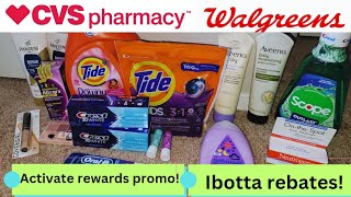 CVS AND WALGREENS DRUGSTORE COUPONING HAUL IBOTTA REBATES ACTIVATE REWARDS VISA PROMO 💰 [upl. by Breh]