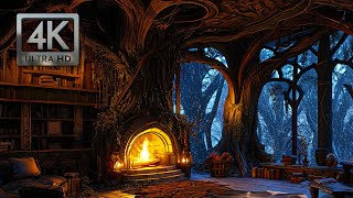 Inside the Enchanted Forest Treehouse Winter Ambience w Wind Blowing Falling Snow Crackling Fire [upl. by Ewart240]