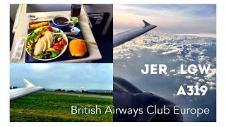 British Airways Business Class  Club Europe Airbus A319 Jersey to London Gatwick [upl. by Bary260]