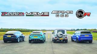 Lamborghini Urus v Tesla Model X v MercedesAMG G63 v Range Rover Sport SVR DRAG RACE [upl. by Aun681]