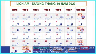 Lịch âm dương tháng 10 năm 2023  Lịch vạn niên và những ngày lễ tháng 102023 [upl. by Annohsak]