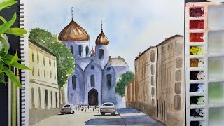 Easy watercolor painting for beginners cathedral  Timelapse video [upl. by Cordle]