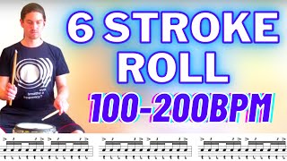 6 SIX STROKE ROLL drum fill EXERCISE 100200bpm play along workout rudiment practice pad routine [upl. by Mickey]