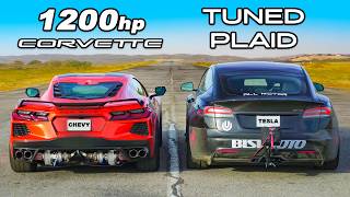 1200hp Corvette C8 v Model S Plaid DRAG RACE [upl. by Viafore]