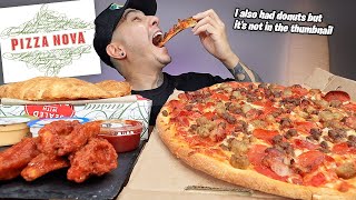 MUKBANG EATING Pizza Nova Meat Supreme Pizza Loaded Panzerotti Buffalo Wings Donuts [upl. by Ewald]