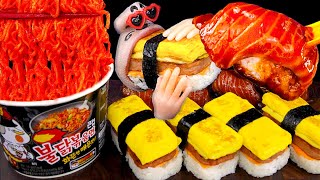 Eating show with Homemade Hawaiian Spam Musubi amp Spicy Chicken Noodles ASMR SUB [upl. by Aisek753]