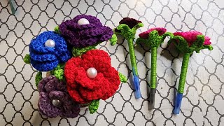 Lapiceros o Bolígrafos decorados con rosas 🌹 a crochet [upl. by Monteith]