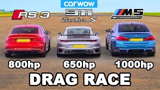 BMW M5 1000hp v Audi RS3 800hp v Porsche 911 Turbo S  DRAG RACE [upl. by Acinaj]