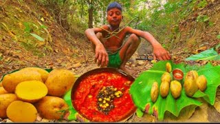 My first  Potato Boiled Eating with Chilli spyce in forest Village men [upl. by Attegroeg]