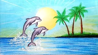 How to draw scenery of Dolphin in beachStep by stepeasy draw [upl. by Matuag]