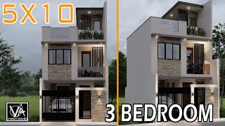 5X10 METER 3 STOREY HOUSE DESIGN WITH ROOFDECK 3 BEDROOM 50SQM [upl. by Novello]