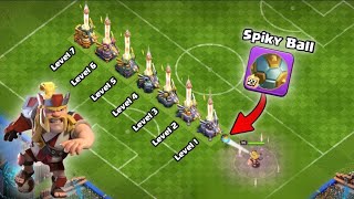 New Epic Equipment Spiky Ball vs Every Level Defense  Clash 🤶 clans [upl. by Aciretehs]