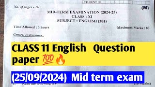 class 11 English Mid term exam 2425 25924 कक्षा 11 English Question paper [upl. by Oninrutas]