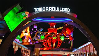 Tomorrowland at Night  Walkthrough amp Rides at Magic Kingdom 4K POV [upl. by Melvin]