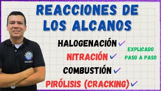 🏅REACCIONES DE LOS ALCANOS Halogenacion nitracion combustion y pirolisis o cracking [upl. by Lettig]