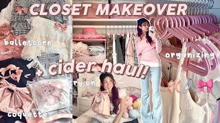 🖇️🎀 CLOSET MAKEOVER ft cider try on haul reorganizing and clean outballetcore coquette [upl. by Arreik]