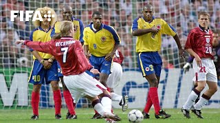 David Beckhams FreeKick Goal v Colombia  1998 FIFA World Cup [upl. by Ytrebil]