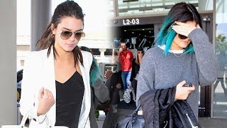 Kylie Jenner Shows Off Her Edgy Blue Hair Do With Sister Kendall At LAX 2014 [upl. by Alfons]