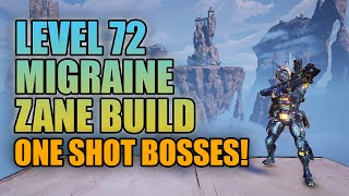 Borderlands 3  Level 72 Migraine Zane Build One Shot Bosses  Most Powerful One Shot Build [upl. by Alul]