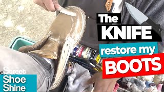 Knife Suede on my Boots 😲🔪🔪😲 The Best ASMR Shoe Shine on Boots shoeshine [upl. by Anoyet]