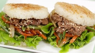 Teriyaki Beef Rice Burgers Recipe Yakiniku and Lettuce Wrapped with Rice Buns  Cooking with Dog [upl. by Acirem]