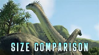 SIZE COMPARISON NEW ALAMOSAURUS Size Compared to ALL Sauropods  Jurassic World Evolution 2 [upl. by Assereht]