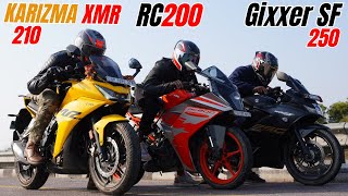 Hero Karizma XMR 210 vs Suzuki Gixxer SF 250 vs KTM RC200 Drag Race [upl. by Kinghorn]