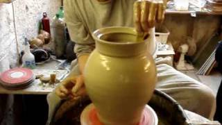 Making a big clay pottery storage barrel with handles and lid on the wheel demo how to [upl. by Signe]