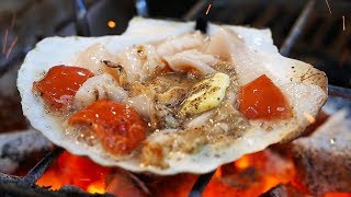 Japanese Street Food  OSAKA SEAFOOD Giant Scallops Oysters Sea Urchin Japan [upl. by Ylac]