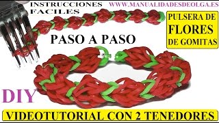 COMO HACER PULSERA DE GOMITAS CON FLORES CON 2 TENEDORES VIDETUTORIAL BRACELET SIN TELAR [upl. by Enajharas]