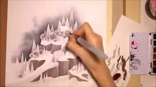 Watercolor Illustration snowy Winter landscape Painting by Iraville [upl. by Gass]