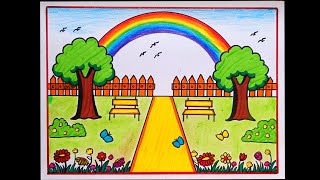 Easy Garden With Rainbow Scenery DrawingHow To Draw Flower Garden DrawingRainbow Scenery Drawing [upl. by Nancy897]