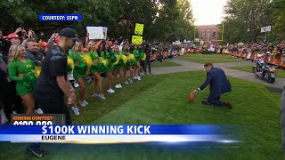 University of Oregon junior wins 100000 for field goal during College GameDay [upl. by Annala]