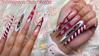 EXTRA LONG STILETTO POLYGEL NAILS PEPPERMINT CHRISTMAS NAILS  MAKARTT POLYGEL  Nail Tutorial [upl. by Suiravad480]