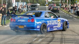 JDM Cars Leaving Go Japan 2023  BURNOUTS 1400HP GTR Pandem Skyline Top Secret Supra 1JZ Silvia [upl. by Arob]