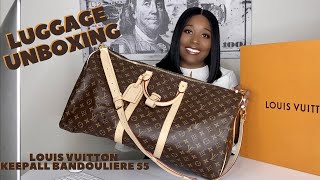 LOUIS VUITTON UNBOXING Keepall Bandouliere 55 Monogram  Louis Vuitton Luggage [upl. by Wilona165]