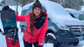 Snow Storm Camping in a Mercedes Sprinter Van at a Ski Resort  Snowboarding Deep Powder [upl. by Jereme]