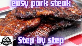 Pit boss pro series  smoke bbq pork steaks on pellet grill [upl. by Anitsirhcairam]