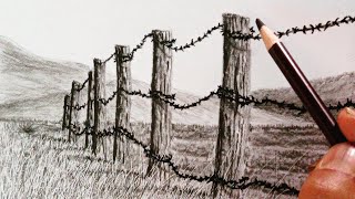 How to draw barbed fence of landscape by pencils [upl. by Civ901]