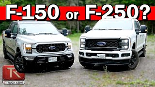 Ford F150 vs F250  HalfTon or HD We Compare Towing Payload MPG amp More [upl. by Elenahc]