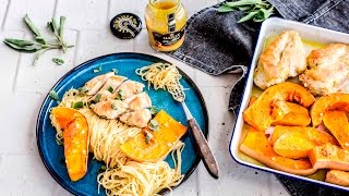 Glasierte Hähnchenbrust mit Spaghettini und Kürbis Salbei Soße I Mustard Lovers I FOODBOOM [upl. by Hugon]