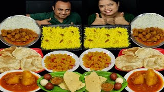 LUCHI SPICY DUM ALOO PULAO SPICY SOYABEAN CURRY BASMATI RICE RASGULLA PANTUA EATING CHALLENG [upl. by Neeven351]