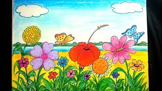 How to draw a scenery of flower garden step by step [upl. by Ynoep]